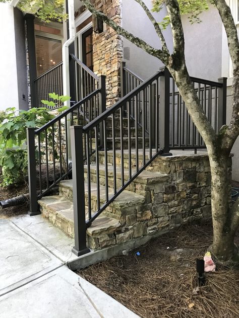 REDI RAIL- AFCO-Rail Aluminum Stair Railing Systems Rod Iron Railing Outdoor, Iron Porch Railing, Black Iron Railing Front Porch, Black Railing Front Porch, Front Stair Railing Exterior, Front Step Railing, Exterior Stair Railing Ideas, Outdoor Stair Railing Ideas, Exterior Railing Ideas