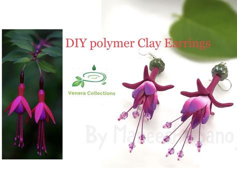 Clay Challenge, Flowers Fuchsia, Flower Jewelry Diy, Jewellery Tutorial, Fimo Ideas, Diy Fimo, Polymer Inspiration, Fuchsia Flowers, Earrings Tutorial