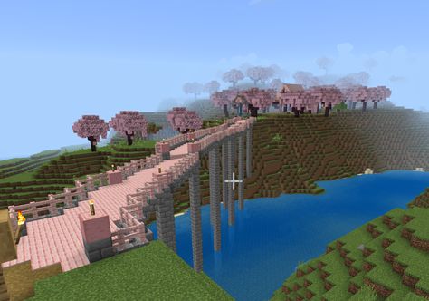 Minecraft Custom Cliff, Cherry Path Minecraft, Cherry Bridge Minecraft, Cherry Blossom Bridge Minecraft, Staircase Minecraft, Minecraft Garden, Minecraft House Plans, Bangunan Minecraft, Easy Minecraft Houses