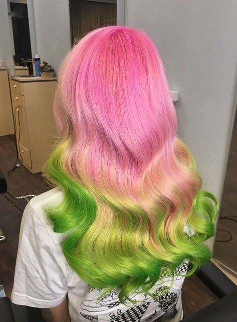 Strawberry Matcha Hair, Mitsuri Inspired Hair, Watermelon Hair Color, Mitsuri Hair Color, Mitsuri Hair Dye, Mitsuri Nails, Mitsuri Hair, Pink And Yellow Hair, Pink And Green Hair