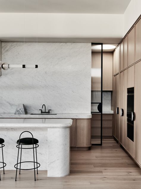 Kitchen Arches, Malvern House, Carrara Marble Kitchen, Walker Design, Steel Frame Doors, Single Wall Oven, Marble Kitchen, Est Living, Edwardian House