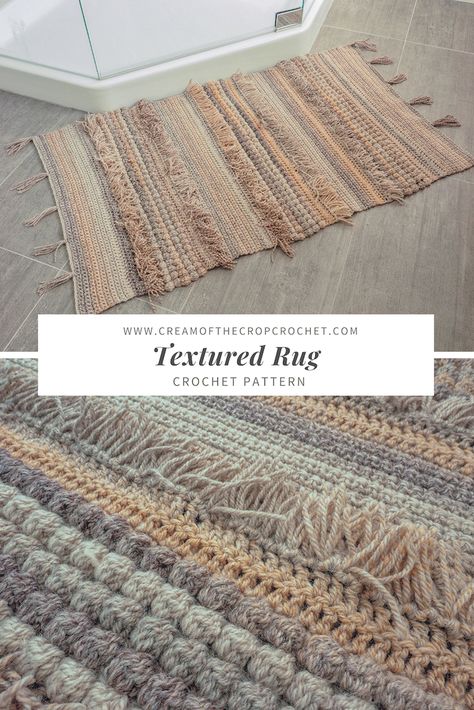 Crochet Rugs Free Patterns Rectangle, Textured Rug Crochet Pattern, Rug Making Patterns, Weaving Rugs Diy, Crochet House Decor Free Patterns, Crochet Interior Decor, Yarn Rug Diy, Free Crochet Wall Hanging Patterns, Macrame Rug Pattern