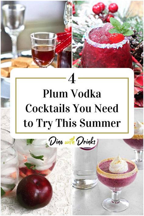 Collage of 4 plum vodka cocktails. Plum Vodka Recipe, Plum Vodka Cocktails, Plum Cocktail Recipes, Plum Drink Recipe, Plum Cocktails, Plum Vodka, Plum Drink, Vodka Mixers, Vodka Mixed Drinks