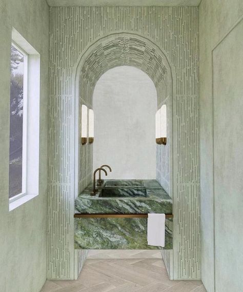 This green sink nook is just perfection 💚    📸credit: @just_my_design_taste👏🏼🫶🏼 ___________________  Follow @britishhomedesign for daily inspiration.  • BHD is a multi-award winning, Norfolk based, Architecture & Interior Design Studio tagging inspirational home design with our label of approval • ___________________ Green Bathroom Design, Green Powder Room, Green Marble Bathroom, Long Island House, House Renovation Projects, Deco Bathroom, Powder Room Design, Bathroom Design Inspiration, Toilet Design