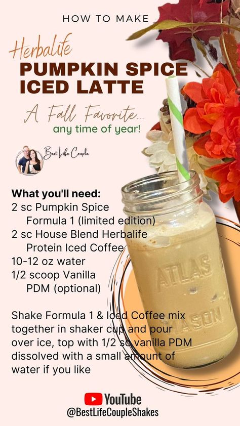 2 scoops Pumpkin Spice Healthy Meal Mix.
bitly.com / pumpkin f 1   
It's limited edition and not always available.
2 scoops Protein Iced Coffee House Blend.
bitly.com / house protein coffee
10-12 ounces of water.
1/2 scoop Vanilla PDM optional. bitly.com / s v a n p d m

Shake Formula 1 and Iced Coffee mix together in shaker cup. 
Pour over ice. 
Top with 1/2 scoop vanilla PDM dissolved with a small amount of water if you like.

email
maurice and sandra at best life couple dot com Pumpkin Shake Recipe, Pumpkin Spice Iced Latte, Protein Latte, Pumpkin Shake, Protein Drink Recipes, Iced Latte Recipe, The Coffee House, House Pumpkin, Herbalife Protein