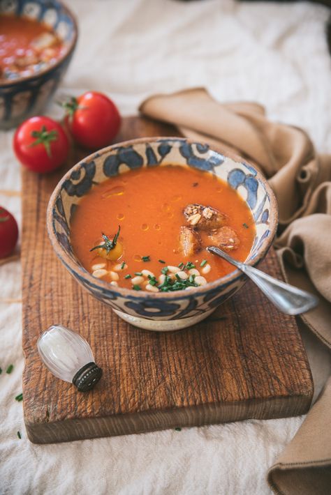 Homemade Tomato Gazpacho Tomato Gazpacho, Gazpacho Recipe, Country Bread, Sweet Bell Peppers, Croutons Homemade, Summer Tomato, Toasted Pine Nuts, Ripe Tomatoes, Gazpacho