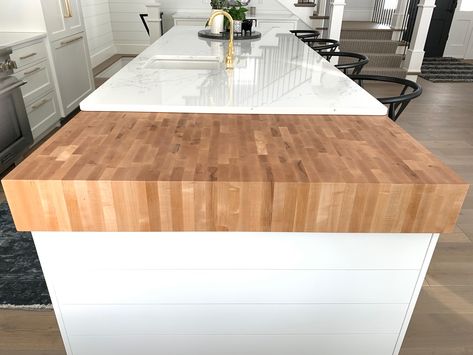 Butcher Block Insert In Island, Butcher Block Countertop And Backsplash, Butcher Block End Of Island, Butcher Block And Quartz Island, Partial Butcher Block Island, Modern Butcher Block Island, Butcher Block Kitchen Ideas, Built In Butcher Block, Quartz And Butcher Block Countertops