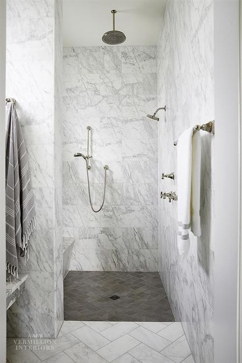 White Marble Shower, Blue Tile Floor, Marble Shower Walls, Gray Shower Tile, Marble Shower Tile, Tile Walk In Shower, Master Bath Tile, Grey Marble Tile, Patterned Wall Tiles