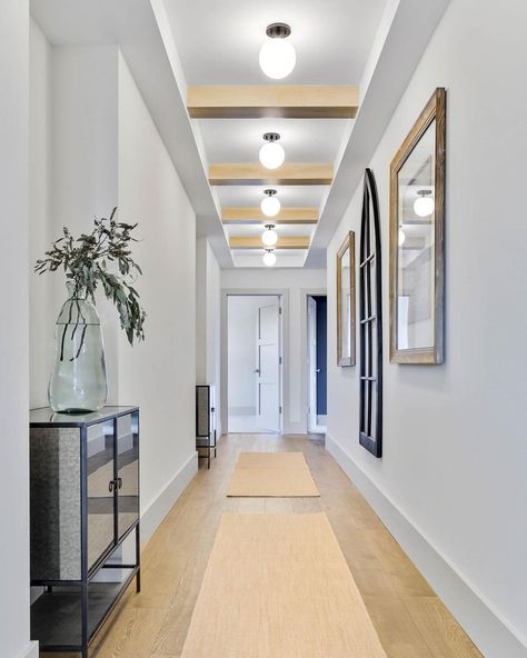 Entryway With Long Hallway, Very Long Hallway, Beams In Hallway, Faux Beam Hallway, Wood Beam Ceiling Hallway, Beam Hallway, Grand Bedroom, Hallway Ceiling, Long Hall