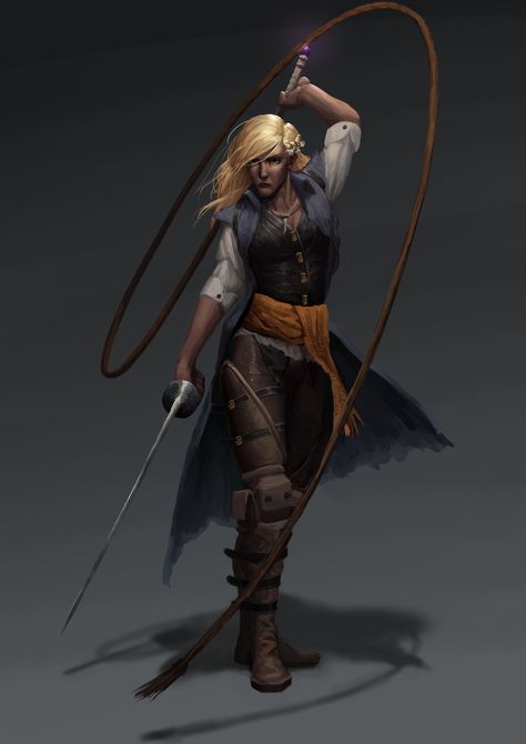 ArtStation - Dungeons and Dragons Party Commission, Bailey Butel Whip Warrior Art, Dnd Whip Character, Dnd Rapier Design, Whip Reference, Whip Dnd, Dnd Whip, Dungeons And Dragons Party, Light Armor, Half Drow