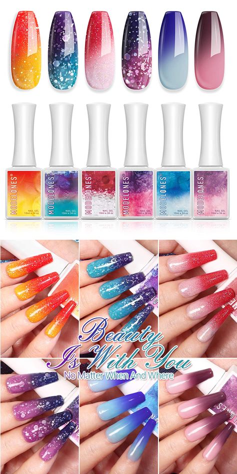 Colour Change Nails, Mood Changing Nail Polish Gel, Mood Nails Gel, Mood Change Nails Gel Polish, Color Changing Nails Designs, Mood Color Nails, Mood Nail Polish Gel, Temperature Nails, Nude Color Nail Art