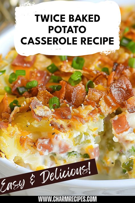 Try this easy Twice Baked Potato Casserole recipe that combines all the classic flavors of baked potatoes with cheese and creamy goodness. Topped with a crispy potato chip crust, this delicious dish makes for a perfect side for family dinners or gatherings. You'll love how simple it is to create a satisfying meal that pleases everyone at the table. Bake this comforting casserole to enjoy creamy textures, cheesy bites, and crispy layers, making it an appealing choice even for picky eaters. Cracker Barrel Potato Casserole, Cracker Barrel Potatoes, Recipe For Twice Baked Potatoes, Twice Baked Potato Casserole Recipe, Easy Twice Baked Potatoes, Baked Potato With Cheese, Twice Baked Potato Casserole, Baked Potato Slices, Twice Baked Potato