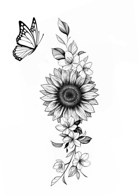 Pretty Sunflower Tattoo, Sunflower Sleeve Tattoo Design, Sunflower Shoulder Tattoos For Women, Sunflower And Hummingbird Tattoo, Sunflower Leg Tattoo, Sunflower Tattoo Back, Girasoles Tattoo, Sunflower And Butterfly Tattoo, Mandala Flower Tattoo