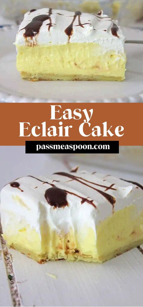 This easy Éclair Cake is the perfect recipe for feeding a crowd! It has a simple ‘cream puff’ crust topped with a vanilla cream cheese pudding and then finished off with whipped cream and a chocolate drizzle. Easy Eclairs, How To Make Eclairs, Cream Cheese Pudding, Eclair Cake Recipe, Cream Puffs Easy, Cream Cheese Puffs, Eclair Cake Recipes, Cheese Pudding, Vanilla Cream Cheese