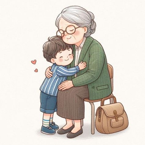 Photo hand painted illustration of grand... | Premium Photo #Freepik #photo Grandma Illustration Character, Cute Grandma Drawing, Parents Drawing, Grandma Painting, Grandma Pictures, Grandma Illustration, Grandmother And Grandson, Parents Images, Kids Hugging