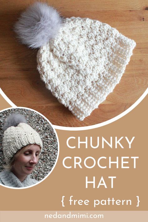 Keep the cold out with this extra warm chunky crochet hat! The pattern is free and the hat works up really quickly, so it is a perfect handmade gift (but you'll probably want to make one for yourself too) #crochethat #freecrochetpattern #crochethatpattern Chunky Hat Crochet Pattern, Chunky Crochet Hat, Easy Crochet Hat, Hat Patterns Free, Hat Crochet Pattern, Chunky Hat, Crochet Hat Free, Crochet Knit Hat, Crochet Beanie Pattern