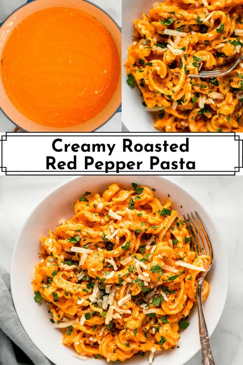 This creamy pasta is made with a jar of red peppers, a big scoop of ricotta cheese, and a few seasonings to make an easy, delicious recipe you can accomplish on a weeknight. #pastarecipes #pastadishes #pastadinnerrecipes #pastasaucerecipes #healthydinnerrecipes Healthy Red Pepper Pasta, Roasted Red Pepper Goat Cheese Pasta, Pasta Roasted Red Peppers, High Protein Pasta Recipes, Roasted Red Bell Pepper Pasta, Creamy Roasted Red Pepper Pasta, Protein Pasta Recipes, Red Pepper Pasta Sauce, Cottage Cheese Pasta