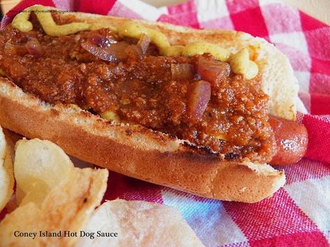 Comfy Cuisine: Coney Island Hot Dog Sauce The best old-fashioned Coney Island Hot Dog Chili    Ingredients (16 servings)  1 lb. lean ground beef  1 large onion, chopped  2 tsp. garlic powder  1 Tbsp. white wine vinegar  2 Tbsp. chili powder  1/4 tsp. cinnamon  1/2 tsp. red pepper flakes  1/4 tsp. cumin  1/2 tsp. allspice  2 dashes Worcestershire sauce  6 oz. tomato paste  3 cups water Coney Island Hot Dog Sauce, Cony Island, Hot Dog Sauce Recipe, Coney Island Hot Dog, Hotdog Chili Recipe, Hot Dog Chili Sauce, Hot Dog Sauce, Chili Sauce Recipe, Chili Dog