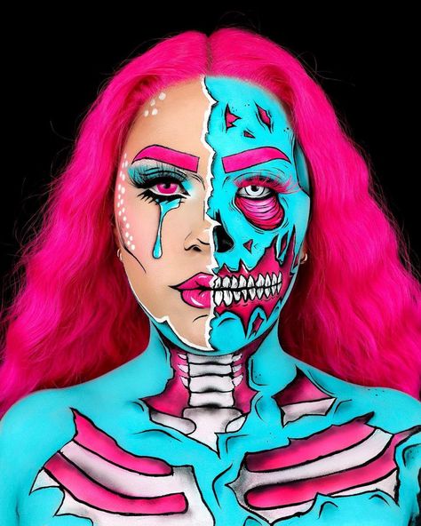 Pop art, pop art zombie, pink hair, pink and blue makeup, pop art make up, Popart Halloween Makeup, Pop Art Makeup Looks, Pop Art Makeup Halloween, Pop Art Makeup Ideas, Zombie Cowgirl, Art Inspired Makeup, Pop Art Halloween Makeup, Pop Art Zombie Makeup, Maquillaje Pop Art