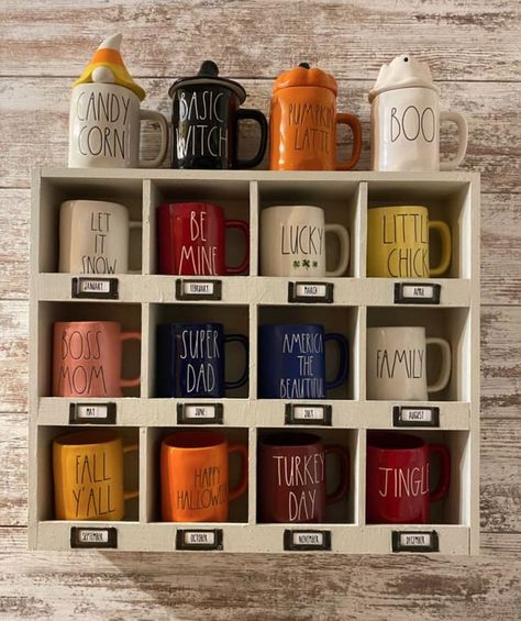 Ber Months, Mug Display, Rae Dunn Collection, Coffee Bar Home, Farm Decor, Displaying Collections, Months In A Year, Tiered Tray, Coffee Bar