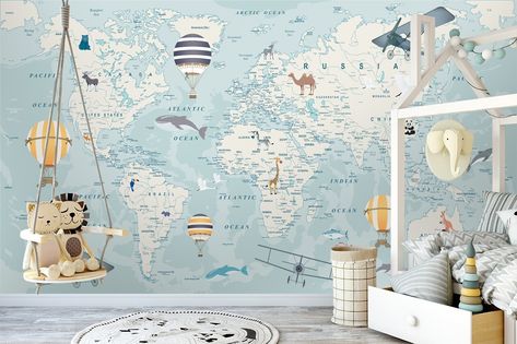 Kids Room Wall Murals, Map Wall Mural, Kids World Map, Kids Room Murals, Maps For Kids, World Map Wallpaper, Map Wallpaper, Kids Room Wallpaper, World Map Wall