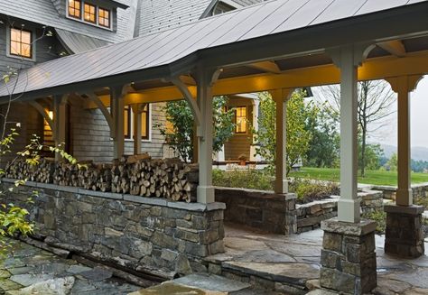 Covered entry between the garage and the main house. I've always wanted this layout. Sloping Lawn, Shingled House, Walkways Ideas, Rustic Landscape, Garage Addition, Walkway Design, Covered Walkway, Shingle Style Homes, Stone Patio