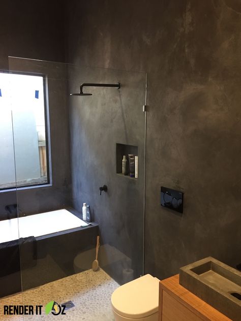 Dark Tadelakt Bathroom, Dark Concrete Bathroom, Polished Concrete Bathroom, Concrete Benchtop, Microcement Bathroom, Polished Concrete Kitchen, Small Wet Room, Chicago Ideas, Cement Bathroom