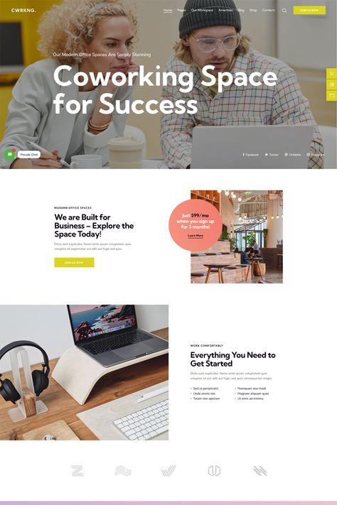 The Coworking theme is a WordPress theme designed specifically for coworking spaces, open offices, and creative workspaces. It offers a range of features and customization options to help you create a professional and functional website for your coworking business. Office Rental Space, Office Creative Space, Office Rental, Office Creative, Modern Office Space, Rental Space, Creative Workspace, Open Office, Wordpress Theme Design