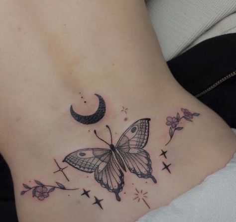 Lower Back Moon Tattoo, Tramp Stamp Tattoo Butterfly, Spiritual Lower Back Tattoo, Flowers Tramp Stamp, Stamp Tramp Tattoo Lower Backs, Lower Back Butterfly Tattoos For Women, Spiritual Tramp Stamp, Cottagecore Tramp Stamp, Funny Tramp Stamp Tattoos