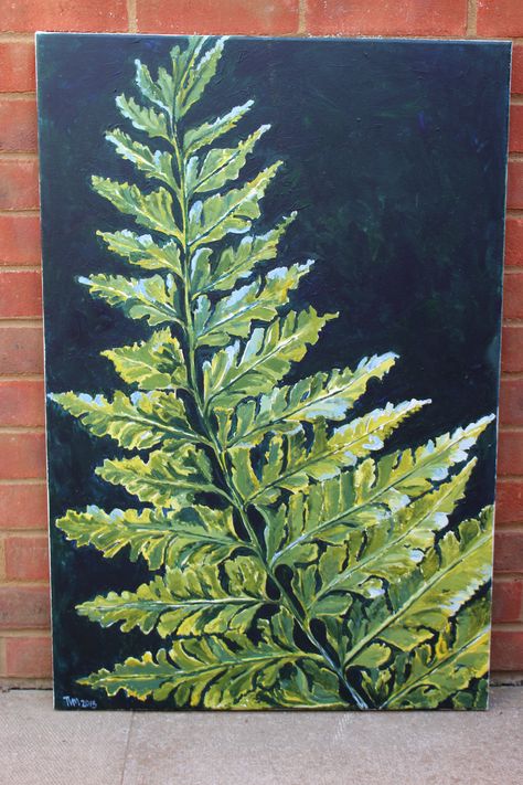 'Fern Leaf' Acrylic on canvas By Tanya Montandon 2015 Fairy Statues, Flowers Drawing, Litho Print, Fern Leaf, Gouache Art, Flower Paintings, Plant Painting, Beginner Painting, Flower Art Painting