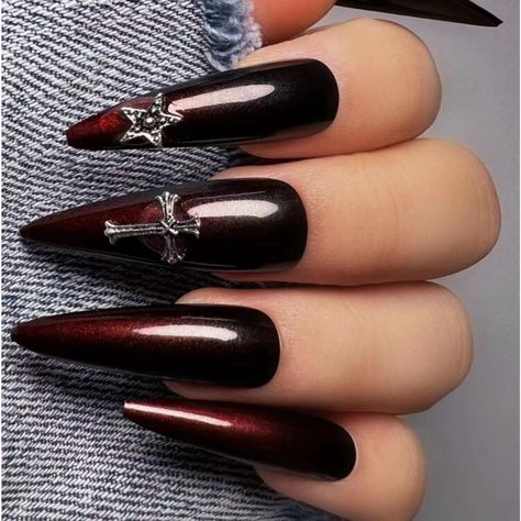 Gothic Valentine Alchemy Burgundy Black Ombre Long Almond Piece Set Charm Nails Nails Color Black, Charm Nails, Vampire Nails, Black Ombre Nails, Brand Makeup, Long Almond, Sky Nails, Gothic Nails, Goth Nails