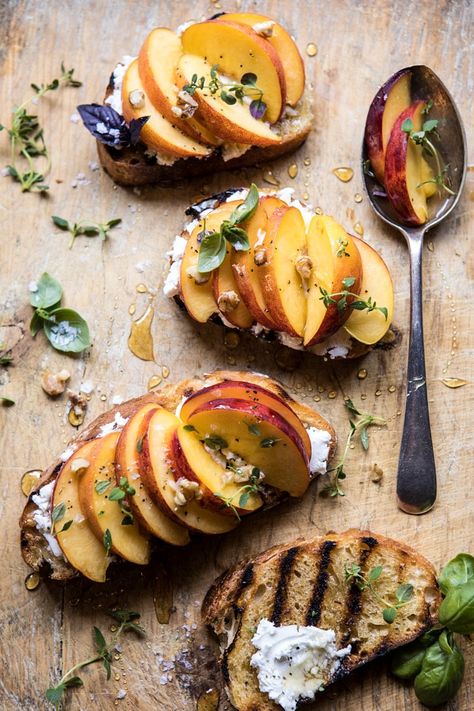 Thyme, Honey, Peach, and Goat Cheese Crostini | halfbakedharvest.com #peaches #summerrecipes #appetizers #easy Peach And Goat Cheese, Bite Size Appetizers Easy, Cheese Crostini, Thyme Honey, Goat Cheese Crostini, Bite Size Appetizers, Easy Cold, Ciabatta Bread, Quick Appetizers