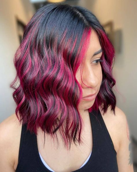 Pink Hair Color Ideas For Black Hair, Pink Foils Hair, Pink Highlights In Black Hair, Black Hair With Pink Highlights, Highlights Styles, Short Light Brown Hair, Hair Color Ideas For Brunettes Short, Hair With Pink Highlights, Pink Hair Highlights