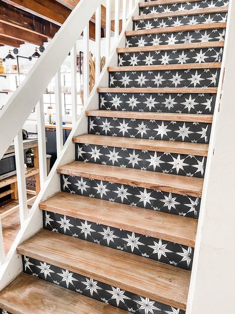 Stenciled Stairs, Texas Cottage, Stair Makeover, Diy Paint Projects, Star Tile, Patchwork Tiles, Beautiful Stairs, Staircase Ideas, Tile Stairs