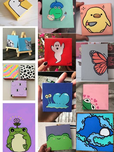 Painting Cute Aesthetic, Funny Mini Canvas Painting, Canvas Magnets Painted, Cute Paintings For Bf, Easy Mini Paintings, Small Canvas Art Simple, Ego Drawing, Easy Mini Canvas Painting Ideas, Canvas Doodles