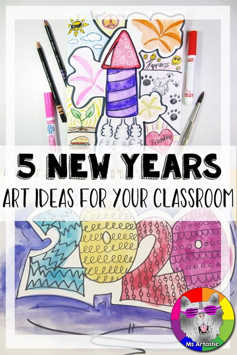 Start the New Year off in your classroom in an artastic way! Engage your students with art ideas that are perfect for goal setting, practicing drawing skills, and getting creative at the start of the New Year. Try these 5 New Years Art Ideas in your classroom or at home to get your creative juices flowing. Ms Artastic #artteacherideas #newyearsart #newyearsartforkids New Years Elementary Art Projects, New Year Art Projects For Kids, New Years Art Projects, New Years Art Projects For Kids, New Year Art Projects, New Years Art, Upper Elementary Art, December Art, Practicing Drawing