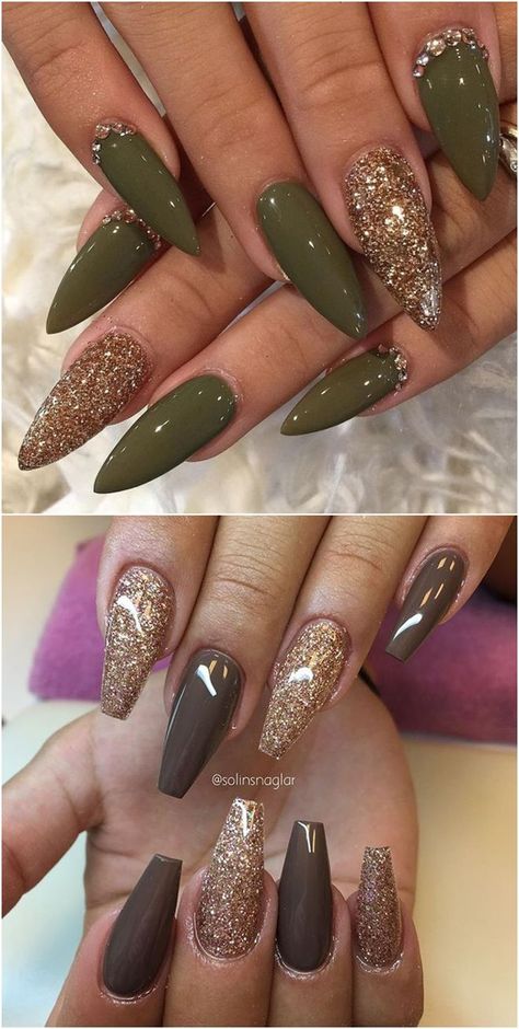 Love all Greens!!! Green and gold ! Green And Gold Nails, Different Nails, Acrylic Nails Natural, Nails With Gold, Gold Acrylic Nails, Unghie Nail Art, Gold Nail Designs, Green Nail Designs, Different Nail Designs