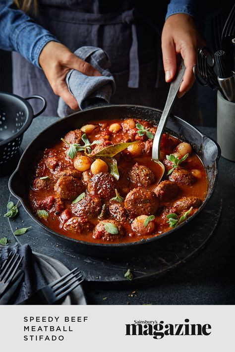 This comforting cheat’s stifado uses ready-made meatballs instead of stewing beef to deliver the same tender results in a fraction of the time. Get the Sainsbury's magazine recipe Beef Stifado, Mascarpone Recipe, Stewing Beef, Mascarpone Recipes, Sainsburys Recipes, Baked Meatballs, Meatball Bake, Italian Dessert, Beef Meatballs