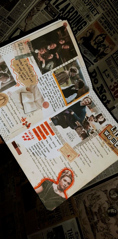 Scrapbook About Books, Woman Journaling Photo, Tv Scrapbook Ideas, Film Scrapbook Ideas, Book Journal Collage, Little Women Journal Page, Movies Journal Page, Movie Journal Aesthetic, Movie Scrapbook Ideas