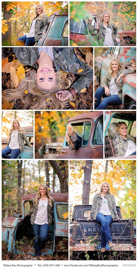 Creative Photoshoot Ideas Unique Senior Pics, Senior Poses With Truck, Senior Photos With Old Truck, Senior Farm Pictures, Senior Country Pictures, Country Girl Senior Portraits, Senior Picture Ideas Farm, Old Truck Photo Shoot, Junkyard Photoshoot