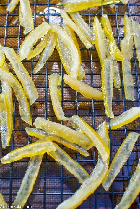 Naturally-Sweetened Candied Lemon Peels Lemon Candies, Lemon Simple Syrup, Lemon Peels, Candied Lemon Peel, Lemon Squares, Candied Lemons, Candy Recipes Homemade, Candied Fruit, Dehydrated Food