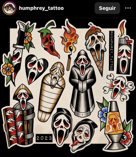 Traditional Tattoo Halloween, Horror Movie Tattoos, Traditional Tattoo Flash Art, Movie Tattoo, Movie Tattoos, Scary Movie Characters, Traditional Tattoo Sleeve, Scary Tattoos, Spooky Tattoos