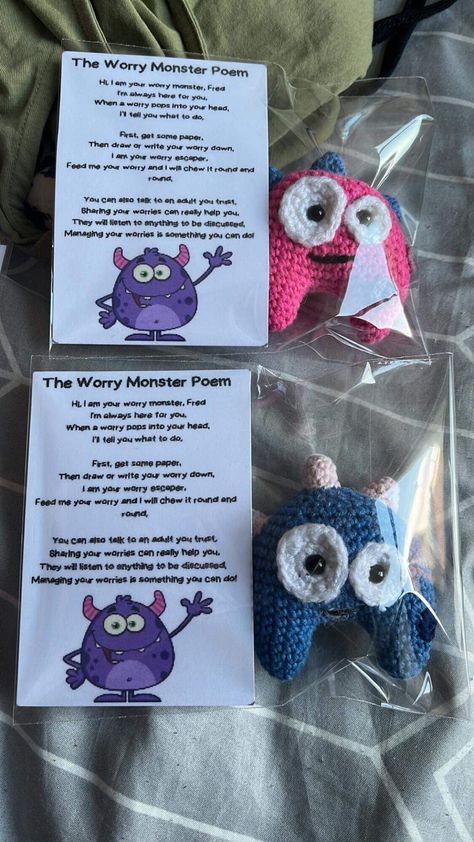 All colourful worry monster  Crochet handmade  Comes in all different colours with a poem card Worry Monster Pattern, Crochet Worry Monster, Worry Monster Craft, Pom Pom Patterns, Yarn Monsters, Worry Worms, Worry Monster, Monster Crochet, Crochet Monster