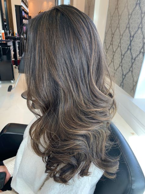 Brunette Half Head Foils, Black Hair With Foils, Half Head Foils Black Hair, Foils On Black Hair, Partial Highlights For Dark Hair Caramel, Half A Head Of Highlights On Brown Hair, Foils For Dark Hair, Caramel Foils, Partial Foil Highlights Brunette