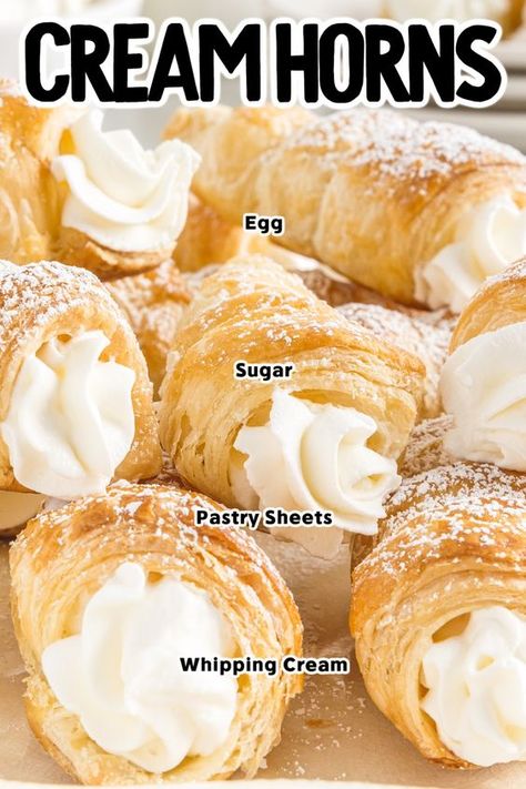 Dessert Pastries, Pastry Treats, Whipped Cream Filling, Cream Filled Donuts, Puff Dessert, Cream Horn, Sweet Whipped Cream, Cream Horns, Cream Puff Recipe