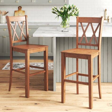 Three Posts™ Stroupe Solid Wood Counter/Bar Stool & Reviews | Wayfair Counter Stools Kitchen Island Wood, Farmhouse Bar Stools, Oak Bar Stools, Island Chairs, Pub Tables, Kitchen Counter Stools, Wooden Bar Stools, Counter Bar, Breakfast Bars