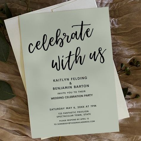 $2.98 | Celebrate with Us Casual Sage Green Wedding Party | Wedding Invitations | wedding celebration party, celebrate your wedding later, post wedding, reception only, elopement party, typoraphy, post ceremony, simple, casual handwriting, light sage green Sage Green Wedding Party, Post Wedding Reception, Green Wedding Party, Wedding Celebration Party, Elopement Party, Sage Wedding, Wedding Party Invites, Sage Green Wedding, Wedding Celebration