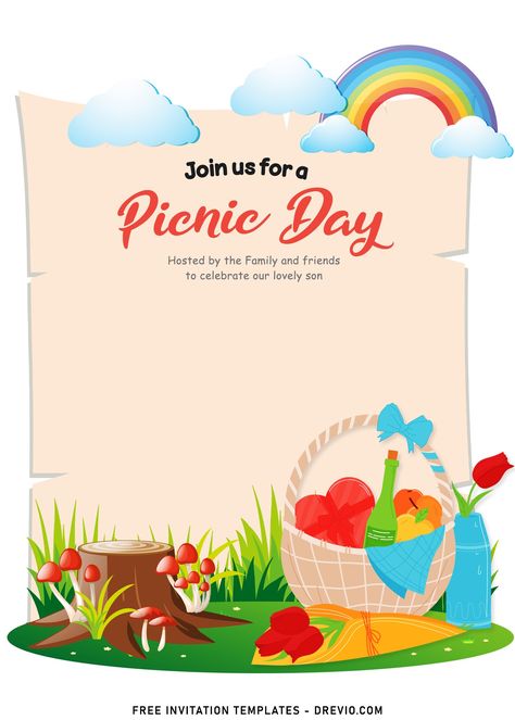 Awesome 10+ Family Picnic Party Invitation Templates For Your Kid's Upcoming Birthday           Here at Drevio, you will be blessed by massive ideas and template designs to help you host the greatest party. Whether it’s a wedding or bi... Download this invitation for FREE at https://www.drevio.com/10-family-picnic-party-invitation-templates-for-your-kids-upcoming-birthday Rainbow Picnic, Picnic Baby Showers, Picnic Invitations, Bear Picnic, Free Invitation Templates, Teddy Bear Picnic, Printable Baby Shower Invitations, Family Picnic, Picnic Party