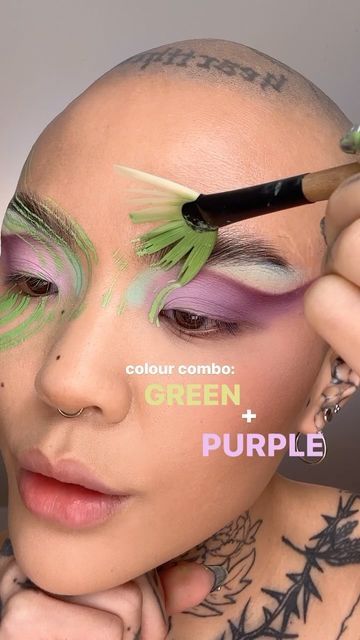 Mei Pang on Instagram: "GREEN + PURPLE: A lot of people suggested the colour combination! I feel like I flew a little too close to the sun and turned it into an artsy Frankenstein look but I’m here for it 💕 • @colourpopcosmetics matte about hue palette @claropsyche psyches box @mehronmakeup paradise paints #greenmakeup #purplemakeup #graphicliner #facepaint #cppartner" Green Editorial Makeup, Green Editorial, Crazy Eye Makeup, Makeup Poster, Swag Makeup, Character Makeup, Purple Makeup, Green Makeup, Creative Eye Makeup