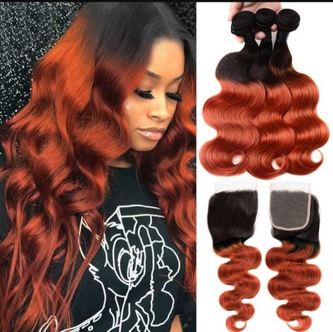 Ginger Body Wave: 3 Bundles With 4x4 Lace Closure Ombre Orange, a must-try hair trend for fashionistas. The link to this bundles is in the comment section ! #diy #bellahaircrownz #bodywave #bundledeals Hair Dark Roots, Cheveux Oranges, Brazilian Human Hair Extensions, Funky Hair, Wig Ideas, Ginger Hair Color, Real Human Hair Extensions, Human Hair Color, Hair Tape